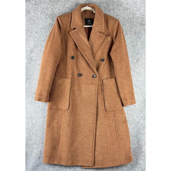 7 For All Mankind Long Coat Womens Large Brown Herringbone Double Breasted Heavy - Picture 1 of 16